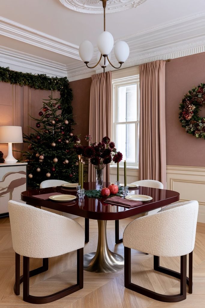 Christmas dining table decor with fresh seasonal flowers, a square burgundy lacquer table, elegant upholstered chairs, and festive greenery throughout the dining room.