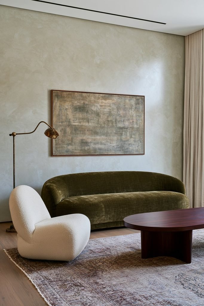 Warm gray beige Venetian plaster wall behind oversized abstract artwork with an olive sofa and walnut coffee table