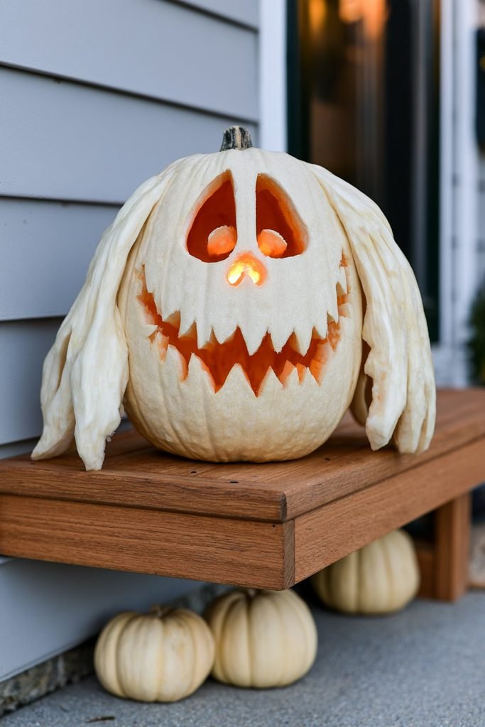 Zero the ghost dog pumpkin decoration featuring the character’s long ears and friendly ghostly face from The Nightmare Before Christmas.