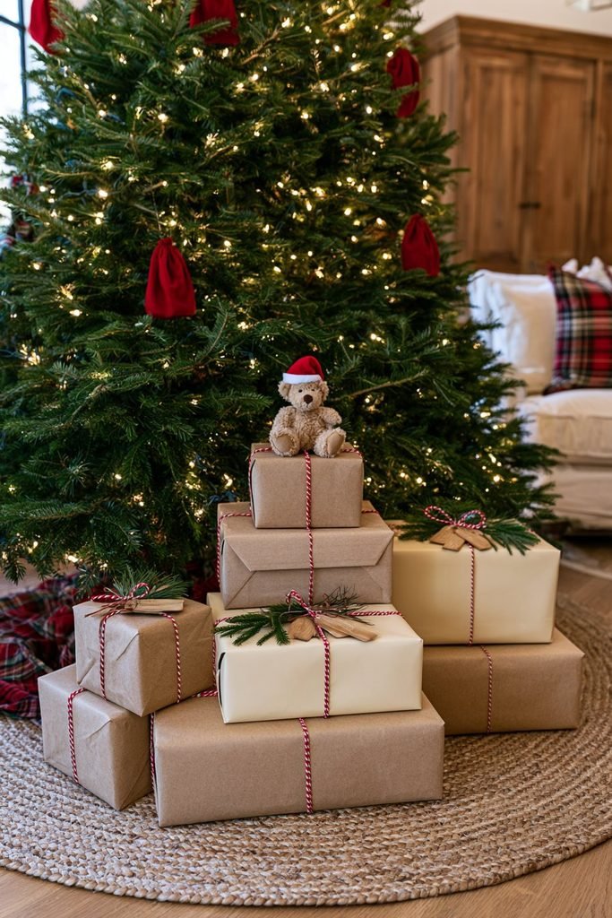 Christmas presents wrapped in kraft paper and festive ribbon, finished with small teddy bear gift toppers for a charming holiday touch