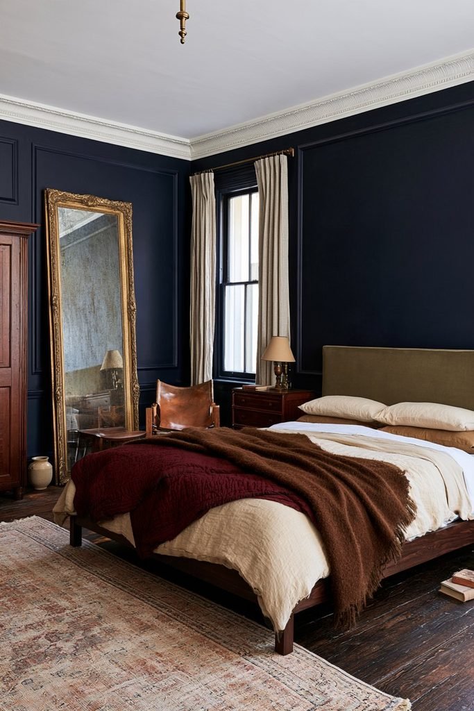 Contemporary dark academia bedroom with a tall ornate gilded mirror against charcoal walls, a forest green upholstered bed, walnut furniture, and warm lighting.