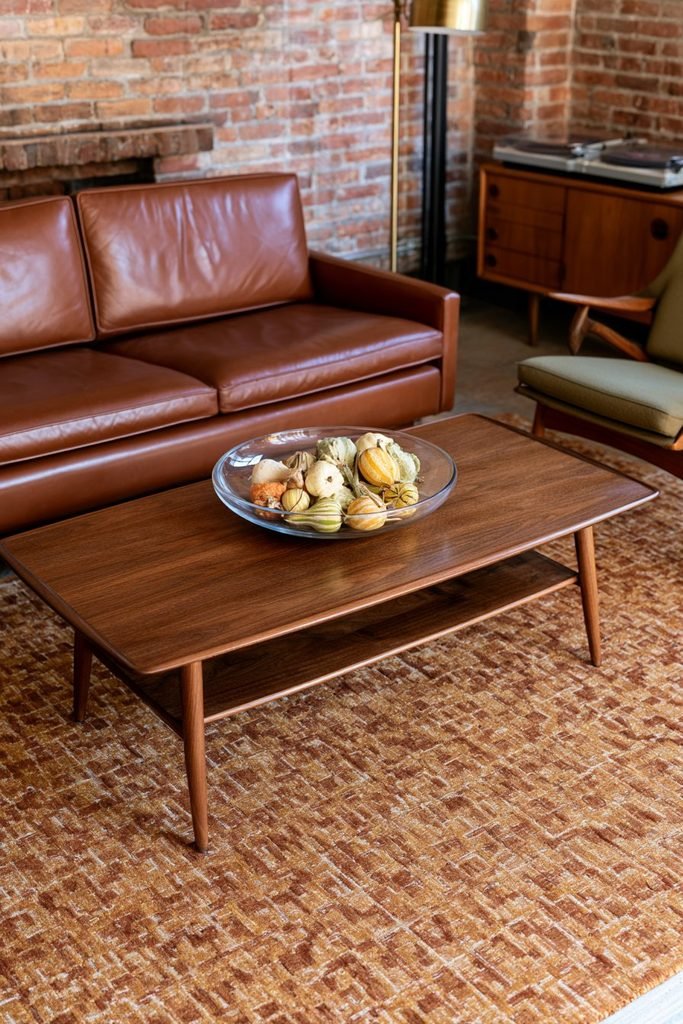Vintage glass bowl filled with colorful miniature gourds on a walnut coffee table in a 1960s living room with a sunken seating area.