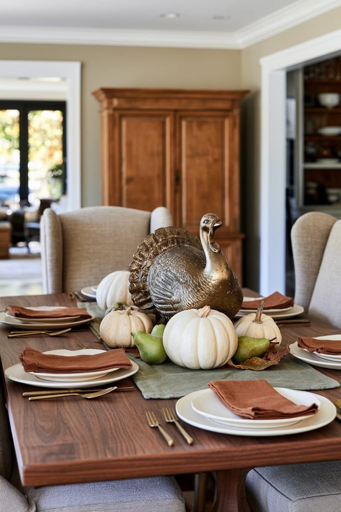 Vintage pressed-glass turkey centerpiece displayed on a teak coffee table in a retro living room with a brick fireplace and caramel leather sofa.