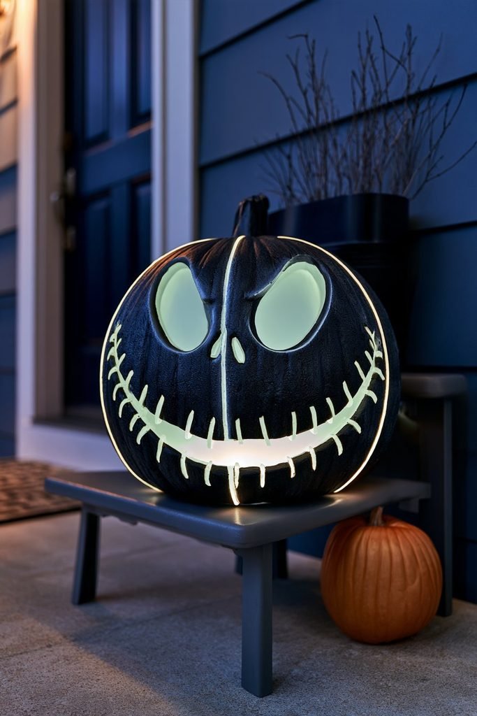 Glow-in-the-dark Jack Skellington pumpkin with a bright skull face and dark eye sockets for a striking nighttime Halloween decoration.