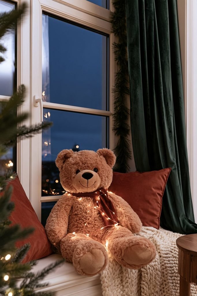 Glowing teddy bear Christmas light decoration creating a warm festive atmosphere beside seasonal greenery and soft holiday lighting