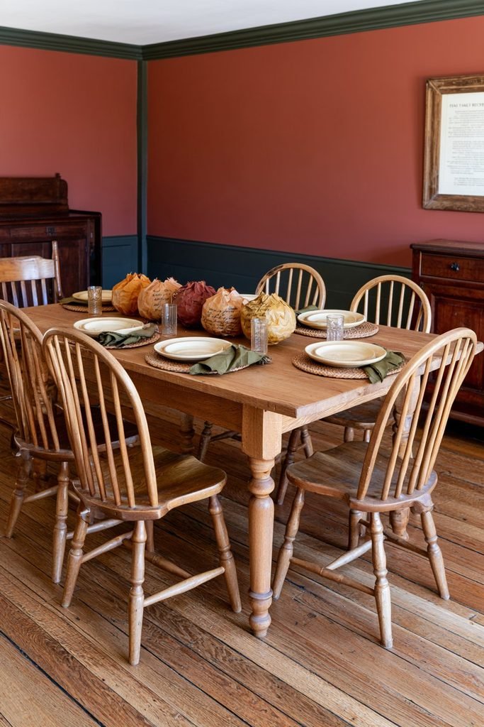 Vintage Thanksgiving dining table decorated with handmade gratitude paper lanterns, oak trestle furniture, and warm 1970s family dining room decor.