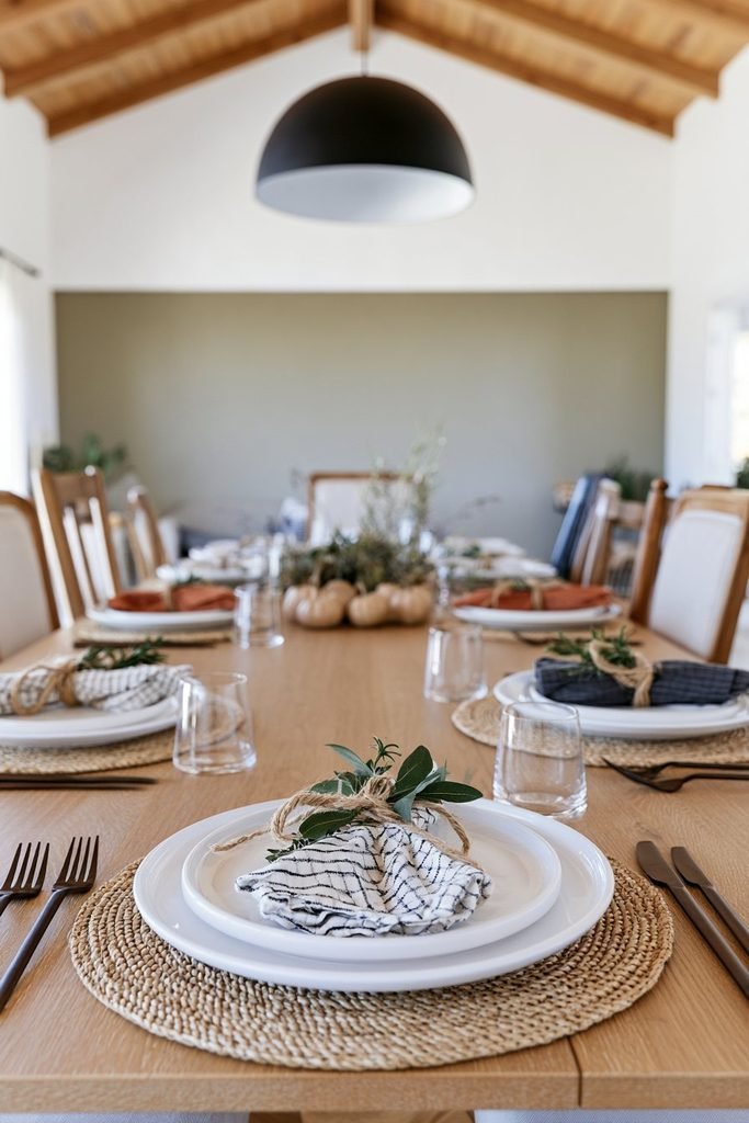 Farmhouse Thanksgiving table with patterned cloth napkins tied with rosemary and eucalyptus sprigs beside white plates and woven placemats.