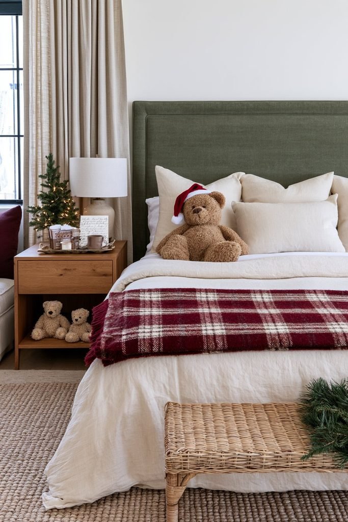 Cozy Christmas guest bedroom with a teddy bear on the bed, layered winter bedding, soft blankets, and warm festive accents