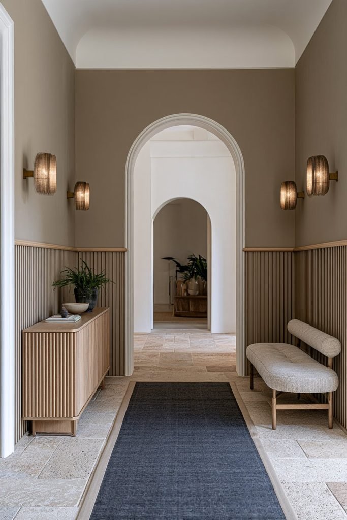 Transitional hallway with full-width half-height fluted wall panelling, a timber trim rail, oak console, bench, and warm neutral finishes.