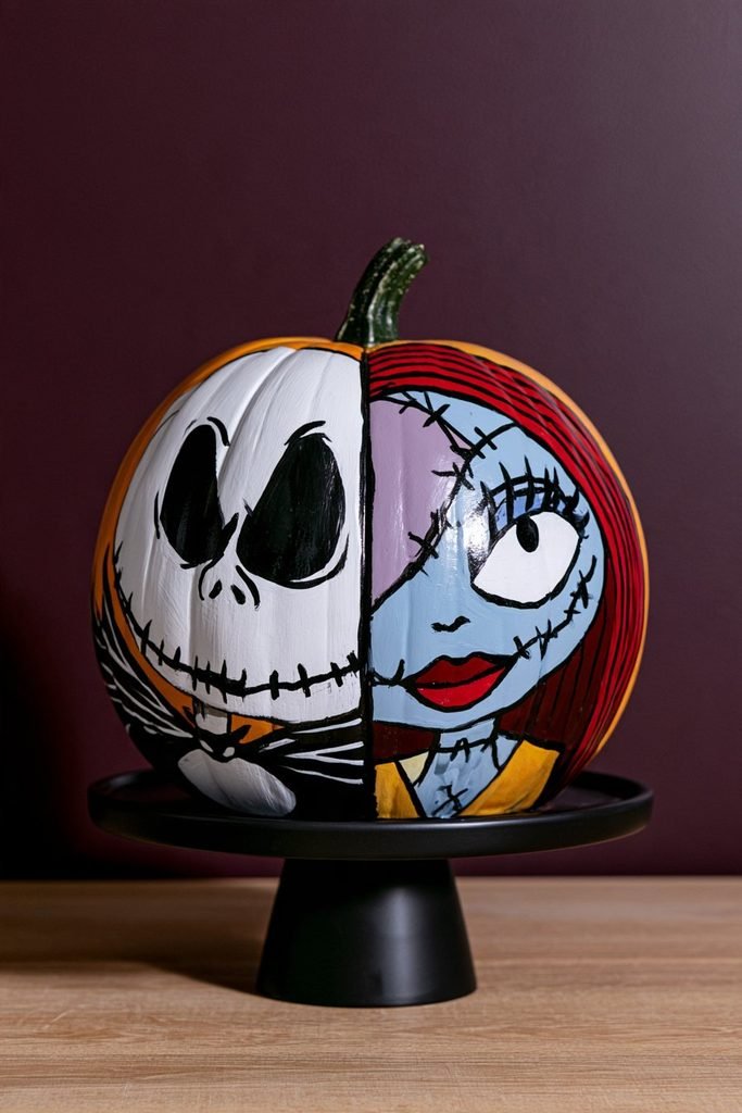 Half-and-half Nightmare Before Christmas pumpkin design combining contrasting character-inspired colors and facial details in one Halloween decoration.