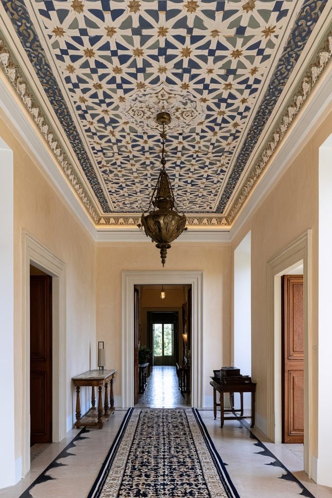 Hand-painted Moroccan-inspired geometric mural statement ceiling with sage, ivory, blue, and gold details