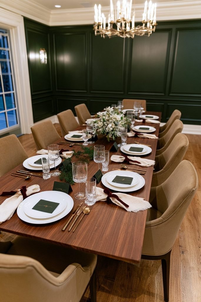 Christmas dining table decor featuring handwritten place cards, a burgundy oval table, green velvet chairs, and a traditional holiday centerpiece.