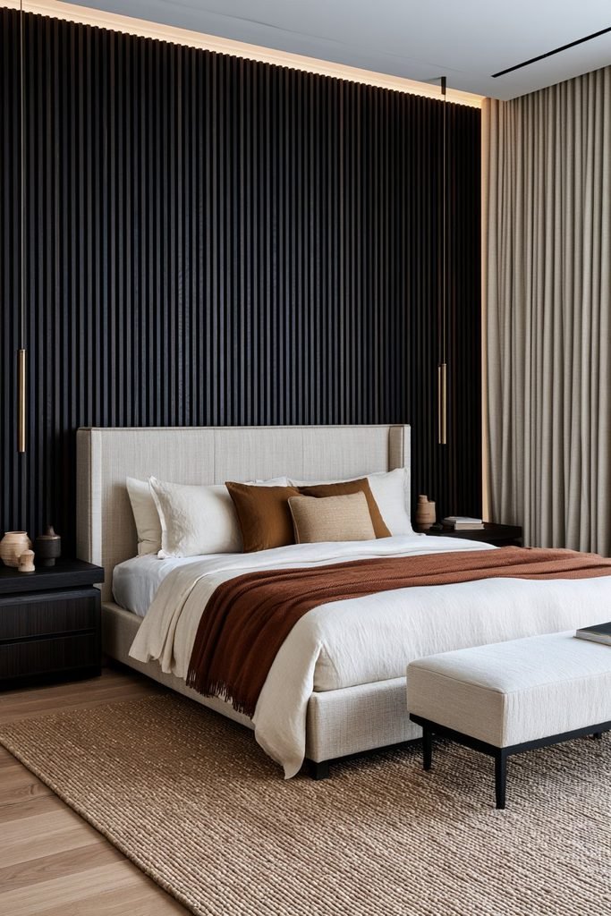 Sophisticated bedroom with a full-height dark walnut fluted headboard wall, upholstered bed, brass pendant lights, and warm neutral furnishings.