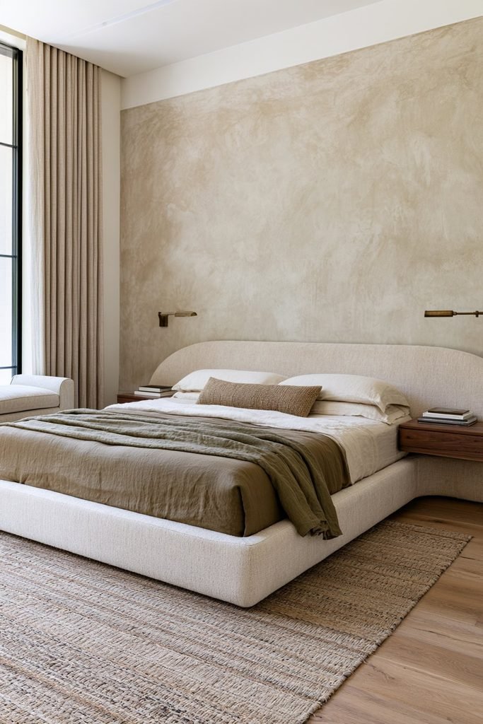 Warm ivory Venetian plaster bedroom wall behind a linen bed with walnut nightstands and soft neutral decor