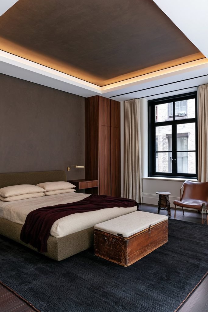 Contemporary dark academia bedroom combining modern walnut cabinetry and an upholstered bed with a vintage wooden chest and carefully selected heirloom furniture.