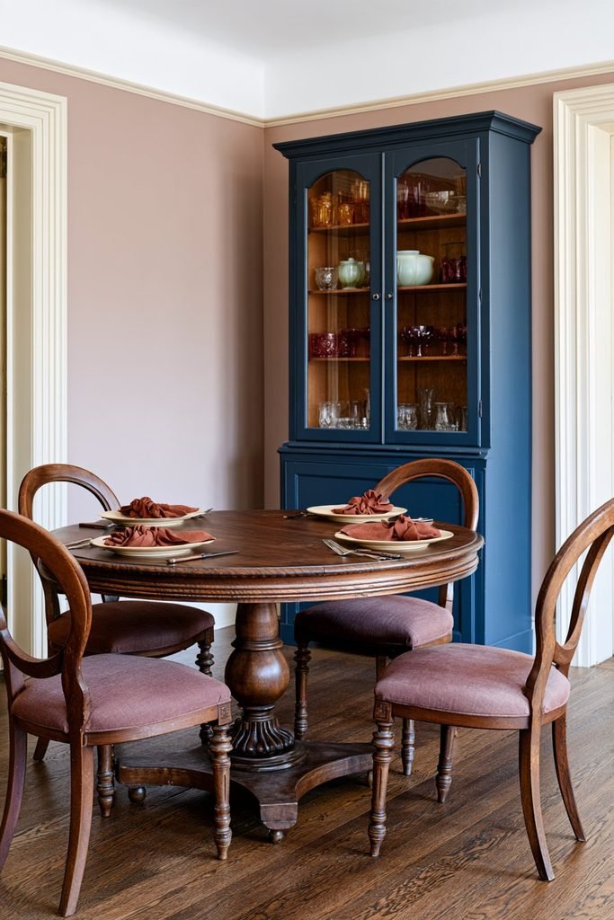Vintage Thanksgiving dining room with heirloom colored glassware displayed in a blue-gray china cabinet beside a round walnut dining table.