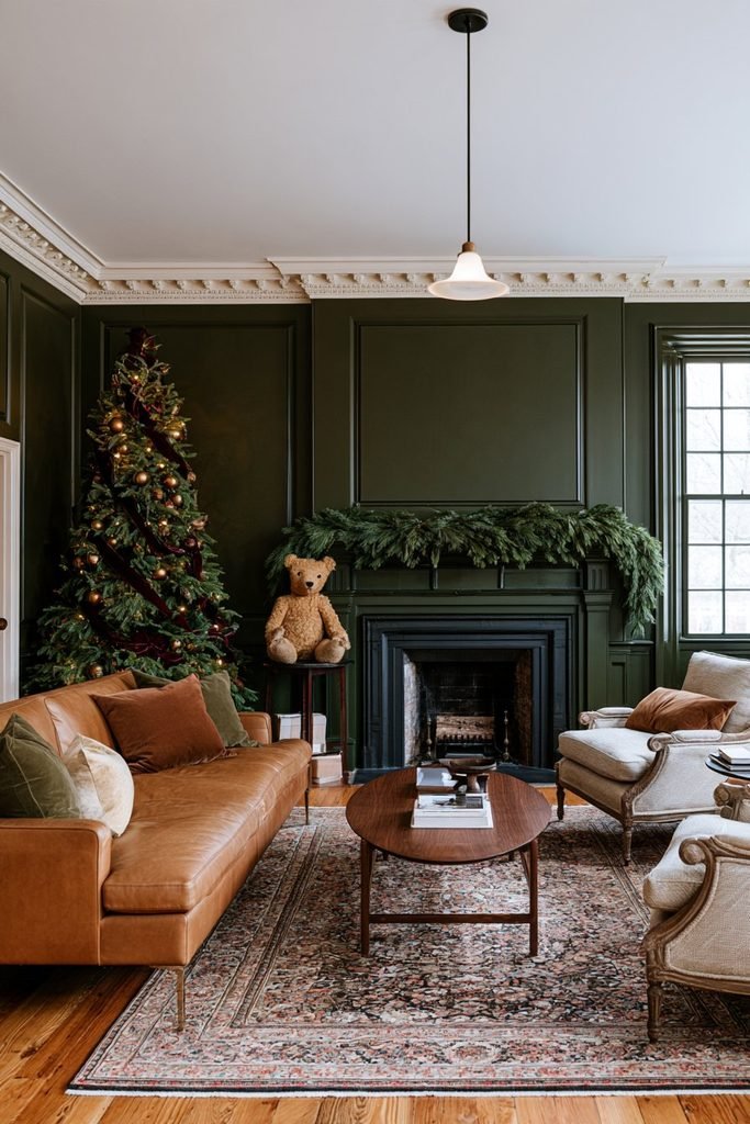 Heirloom-style Steiff teddy bear displayed with classic Christmas greenery, vintage-inspired ornaments, and cozy holiday accents