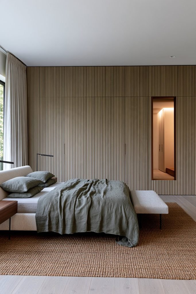 Contemporary bedroom with a floor-to-ceiling pale oak fluted wardrobe wall, concealed push-to-open doors, integrated dressing area, and soft linen furnishings.