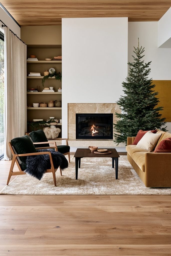 Rustic Scandinavian Christmas living room with a natural hide rug beneath a fir tree, caramel sofa, rust armchairs, sheepskin throw, stone fireplace, and Nordic decor.