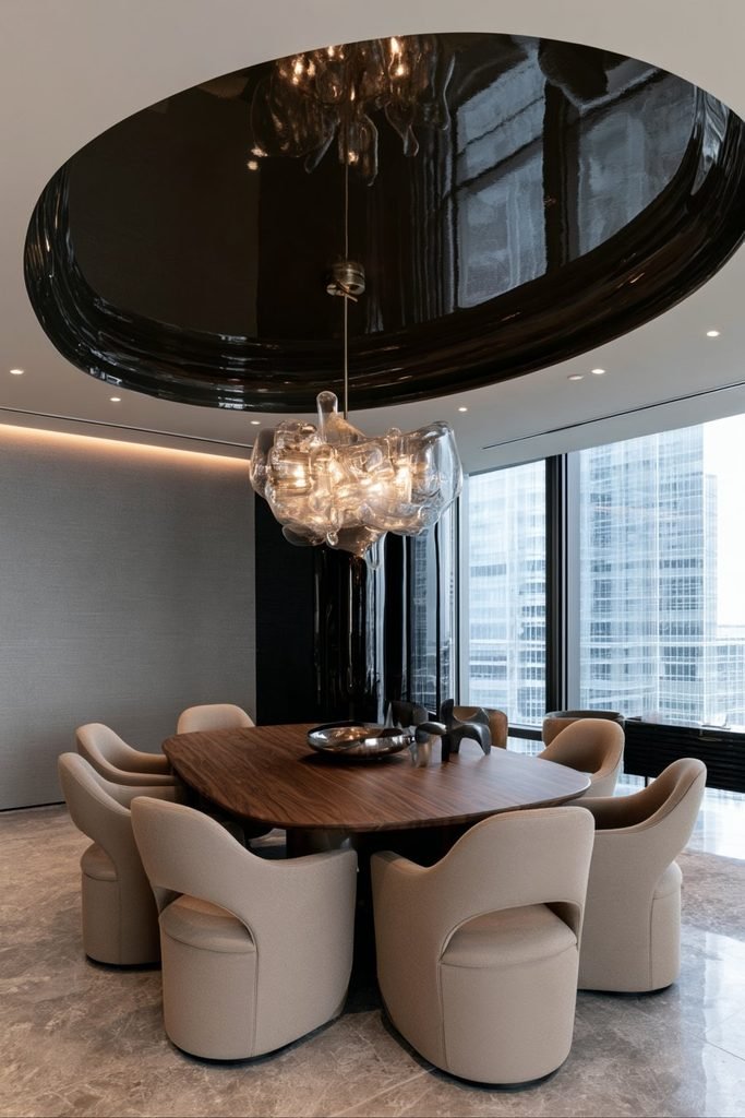 High-gloss charcoal statement ceiling reflecting light from a brass and glass chandelier in a dining room