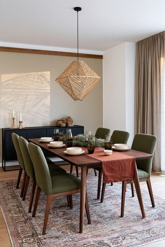 Scandinavian dining room with a geometric straw Himmeli hanging above a wooden dining table, olive chairs, greenery, and Nordic Christmas decor.