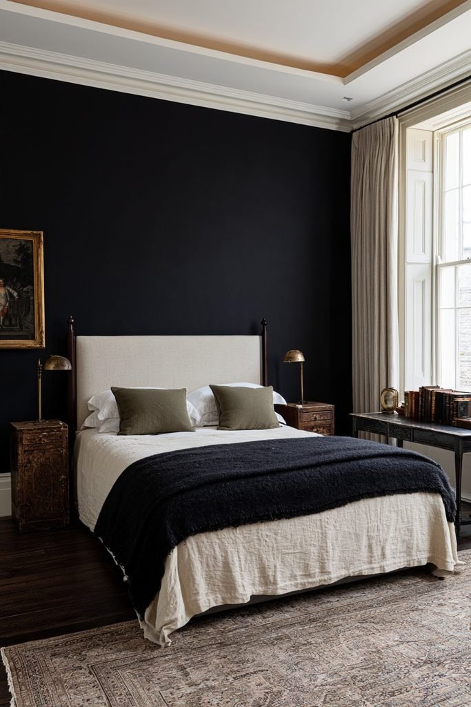 Modern dark academia bedroom with inky charcoal walls, walnut built-in wardrobes, an upholstered bed, and warm brass lighting.