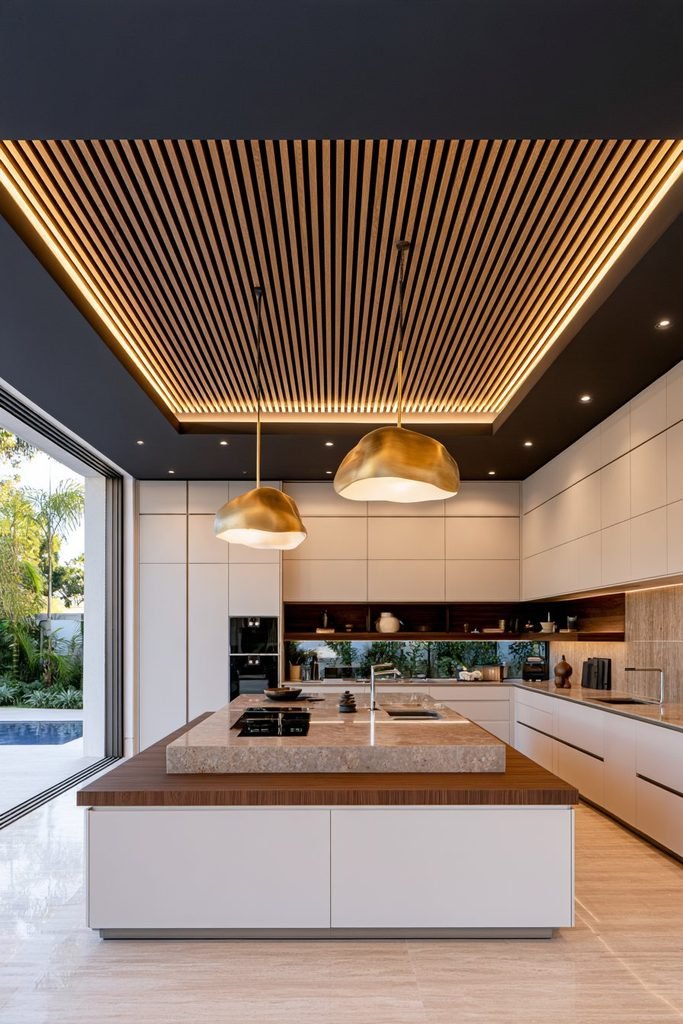 Natural oak slat statement ceiling positioned above a kitchen island with contrasting dark surrounding ceiling
