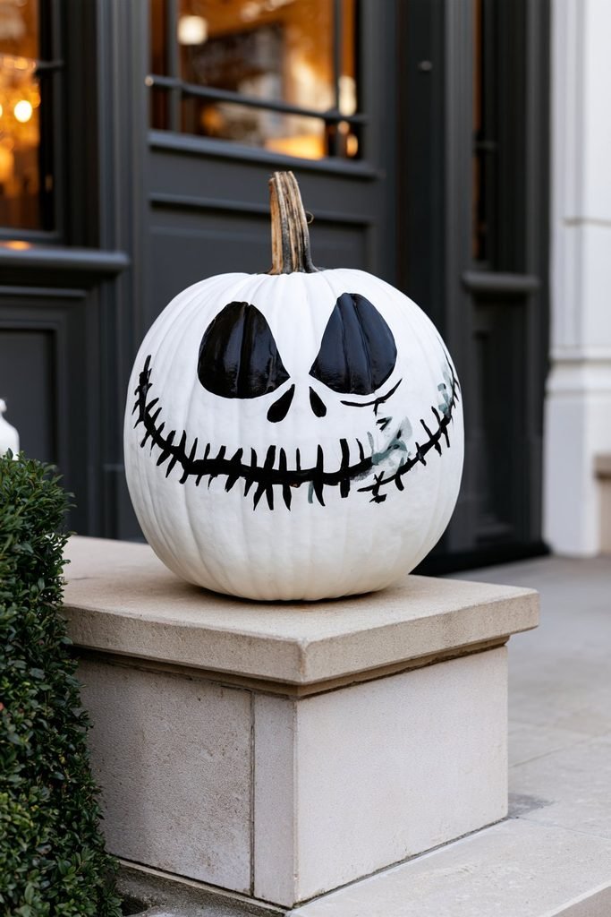 Matching Jack Skellington and Sally pumpkins displayed together for a romantic Nightmare Before Christmas Halloween theme.