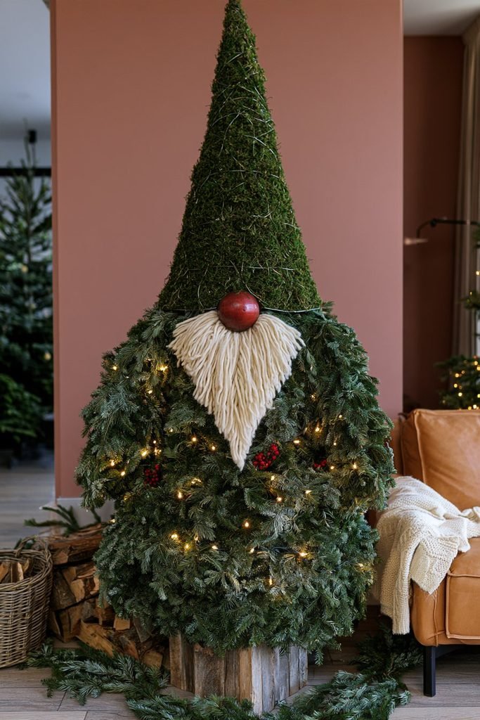 Handmade Christmas Santa gnome with a moss-covered pointed hat, evergreen branches, cream yarn mustache, and red ornament nose.