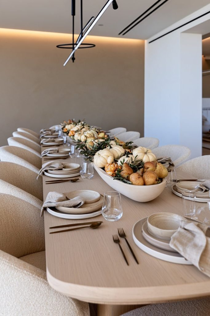 Thanksgiving dining table featuring a low harvest centerpiece of mini pumpkins, pears, and greenery that keeps guest sightlines clear.