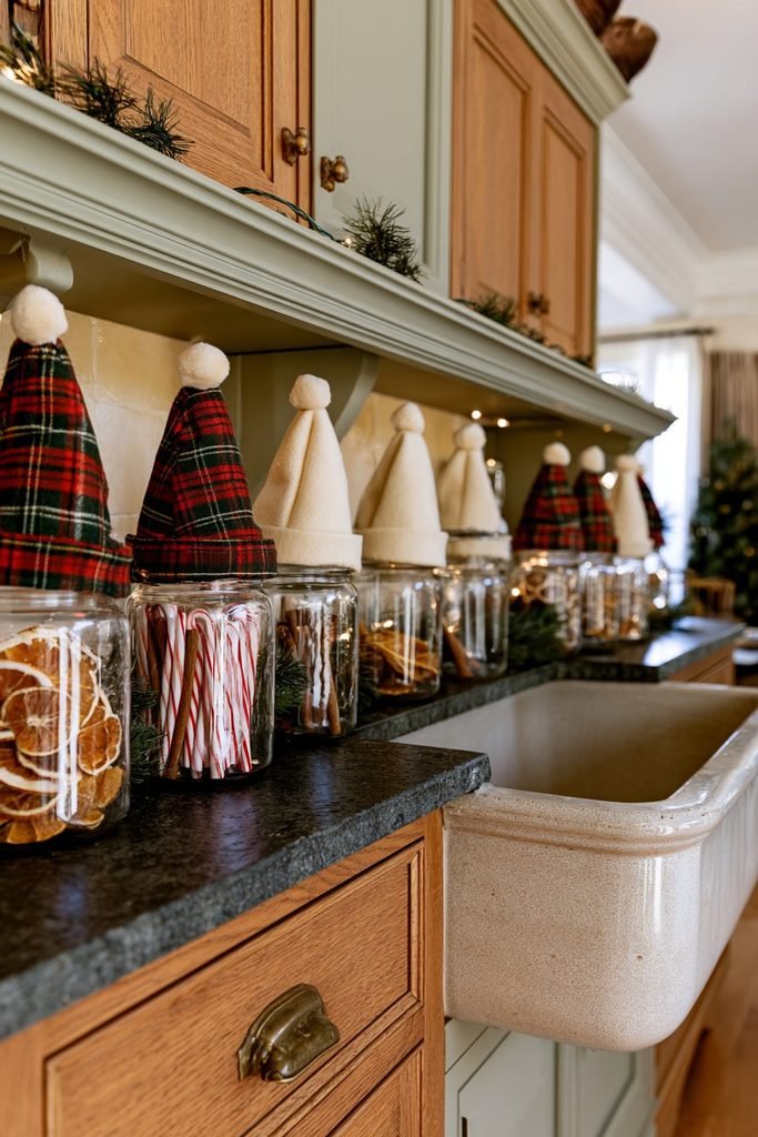 Clear glass jars topped with handmade red plaid and cream felt Christmas nightcaps on a decorated farmhouse kitchen shelf.