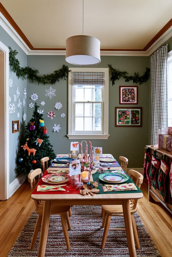 Festive kids' Christmas dining table decor with a round red-painted table, colorful wooden chairs, playful holiday decorations, and a cheerful family dining atmosphere.