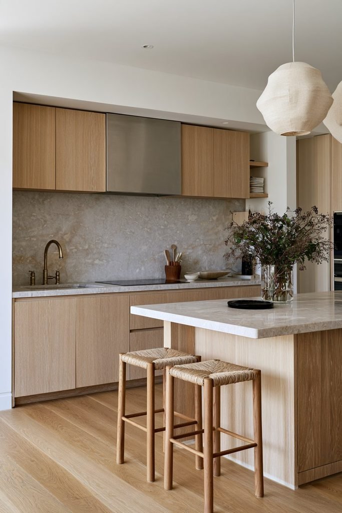 Light warm gray Venetian plaster kitchen backsplash with natural oak cabinets, limestone counters, and brass fixtures