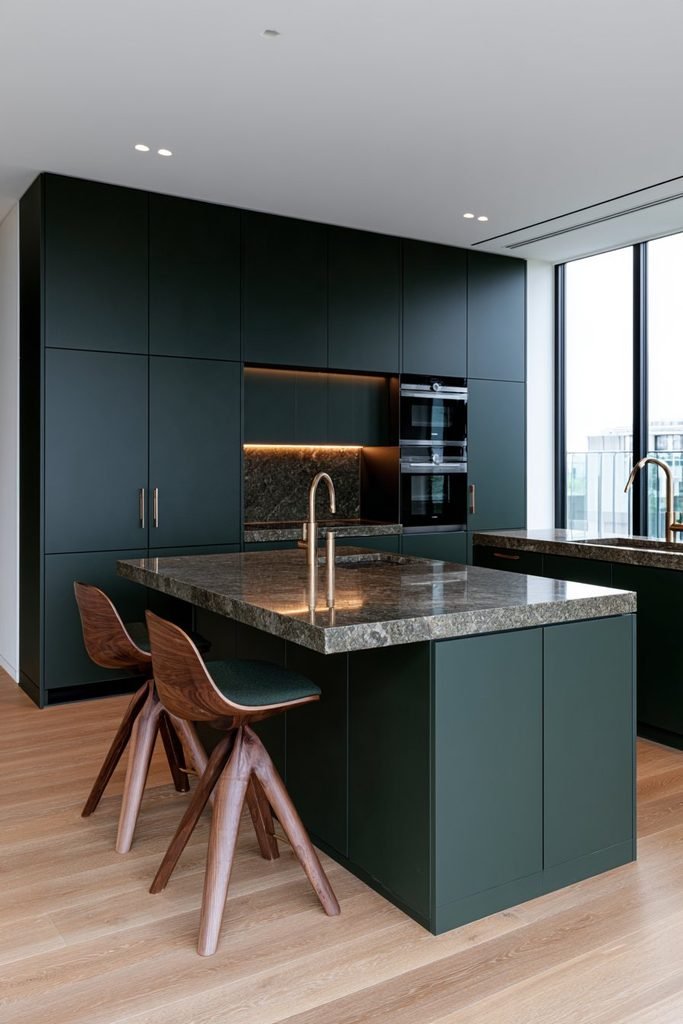 Deep charcoal-green colour-drenched kitchen with matching cabinets, walls, ceiling, brass hardware and natural stone island