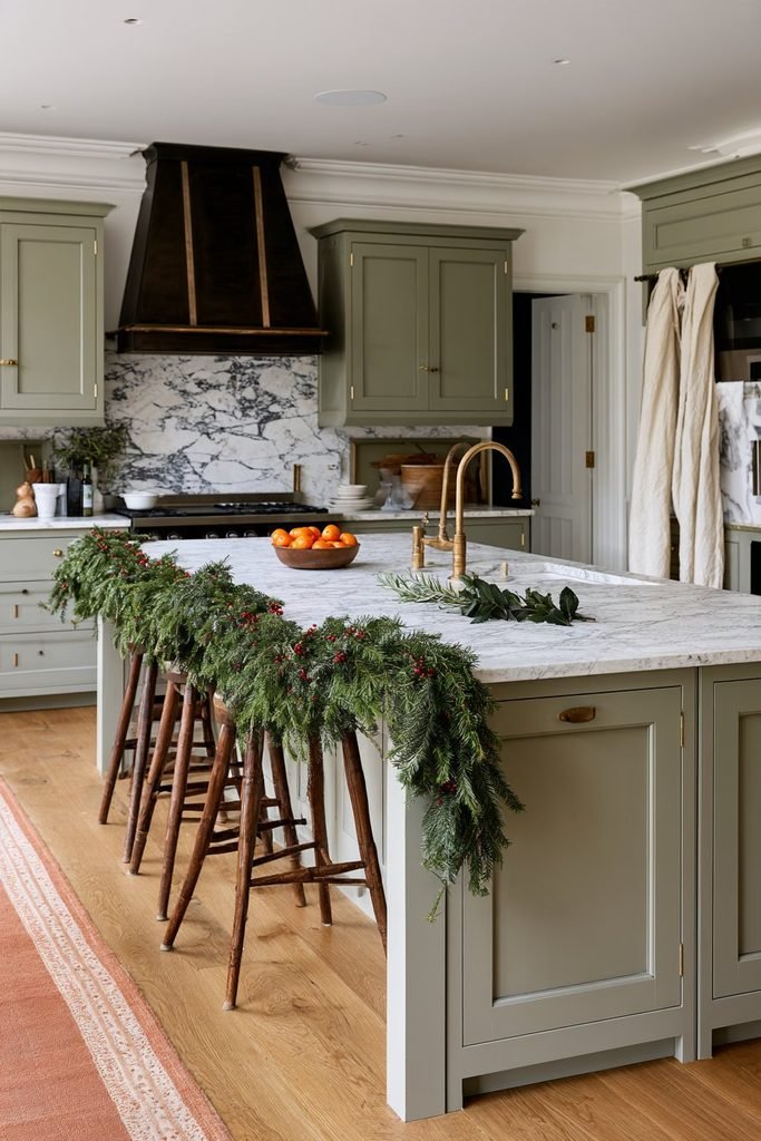 Christmas greenery garland draped across a kitchen island for festive holiday decor