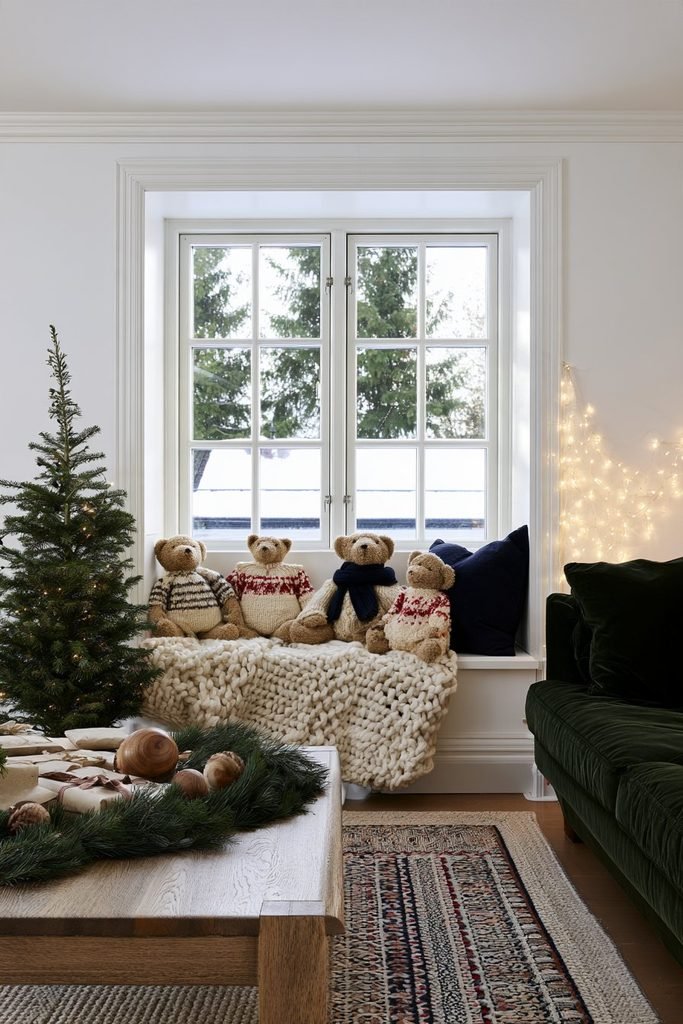 Soft teddy bear wearing a cozy knitted Christmas sweater, styled with warm winter textiles and festive seasonal decorations