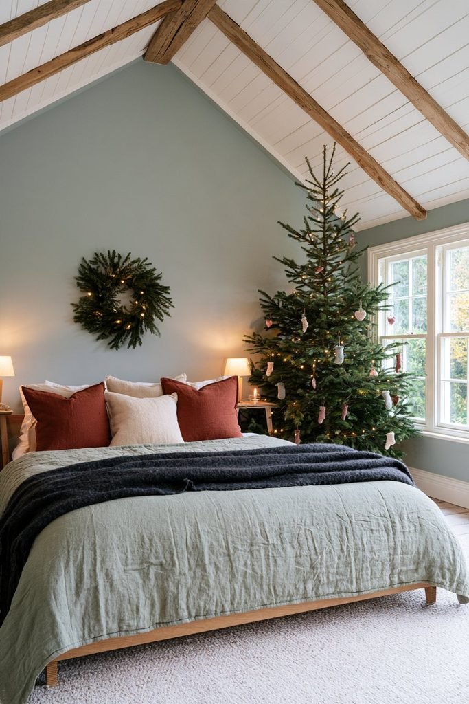 Scandinavian Christmas tree decorated with handmade knitted mittens, wool hearts, and miniature stockings in cream, gray, and muted red.