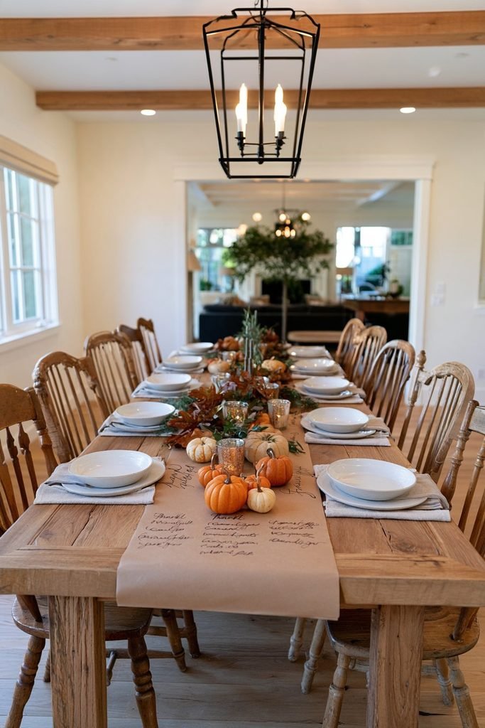 Rustic Thanksgiving dining table with a kraft paper runner, handwritten thankful notes, mini pumpkins, and glowing votive candles.