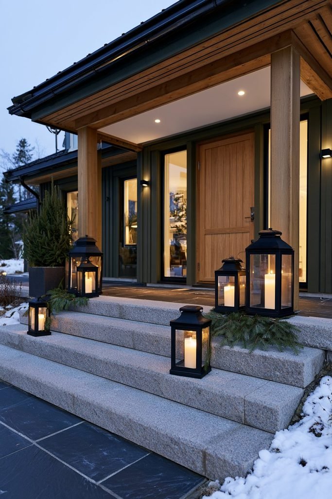 Scandinavian Christmas entrance with glowing bronze lanterns, evergreen branches, a wreath on a red front door, and warm winter lighting.