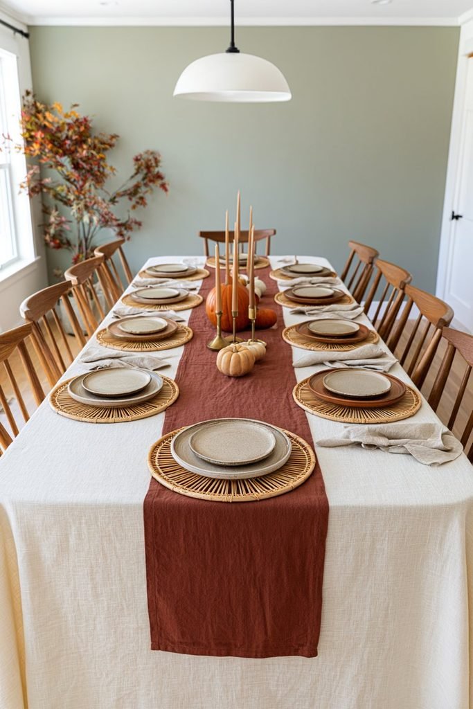 Thanksgiving dining table decorated with layered cream linen tablecloth, rust runner, woven rattan placemats, and mini pumpkins.