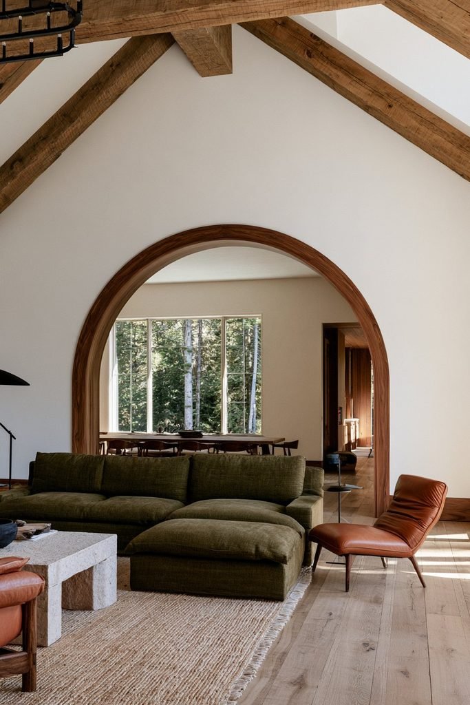 Natural walnut-trimmed arched doorway adding warmth to a modern rustic mountain home.