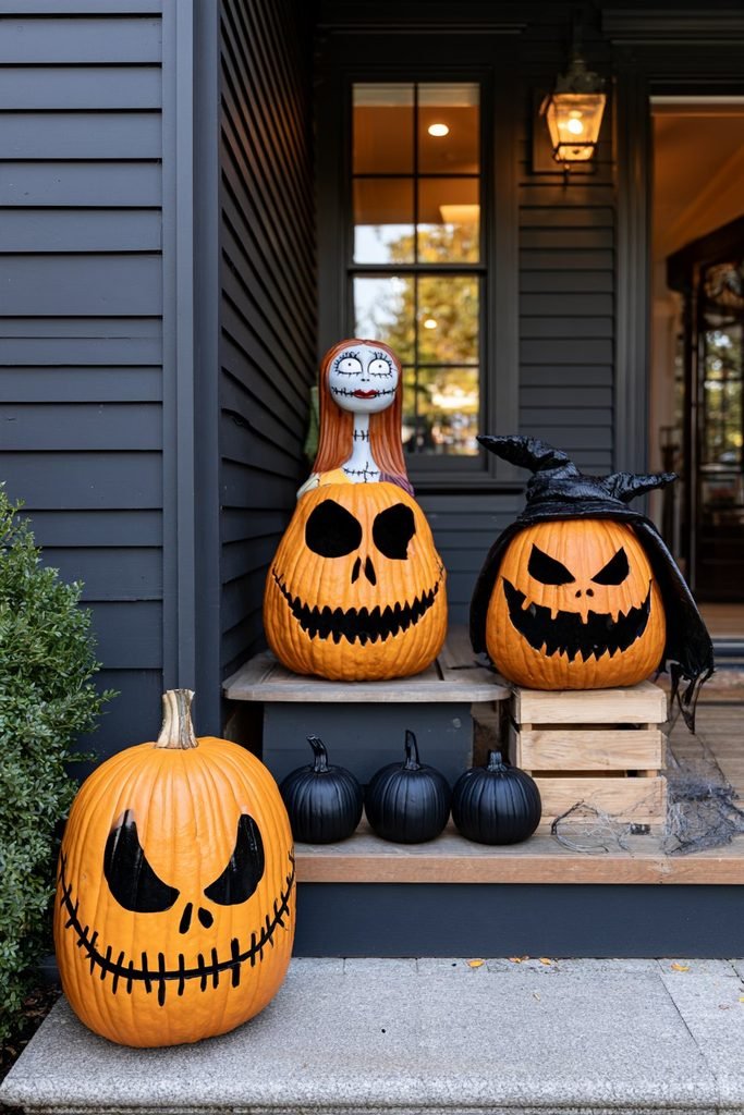 Tiered Nightmare Before Christmas pumpkin display featuring Jack Skellington, Sally, and Oogie Boogie pumpkins arranged at different heights on a Halloween porch.