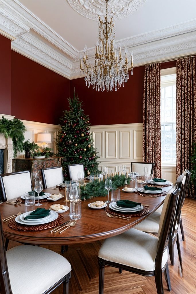 Elegant Christmas dining table decor with layered plates, textured linens, an oval walnut table, emerald velvet chairs, and a lush holiday centerpiece.