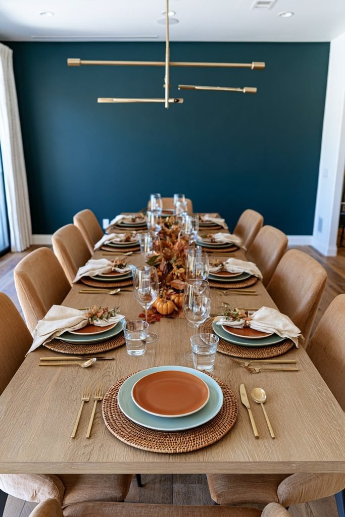 Thanksgiving place settings with woven rattan chargers, burnt orange dinner plates, pale aqua salad plates, and gold flatware.