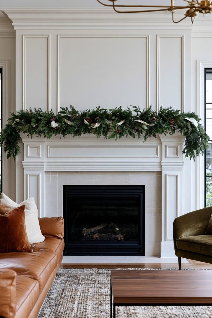 Layered Christmas garlands with evergreen branches, pinecones and textured holiday greenery