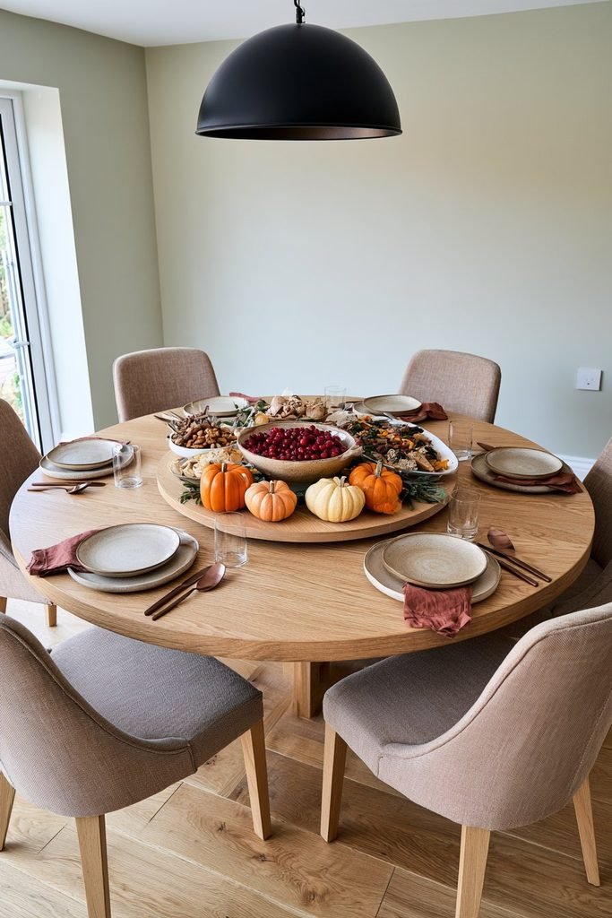 Thanksgiving dining table with a wooden lazy Susan centerpiece holding mini pumpkins, a bowl of cranberries, and family-style serving dishes.