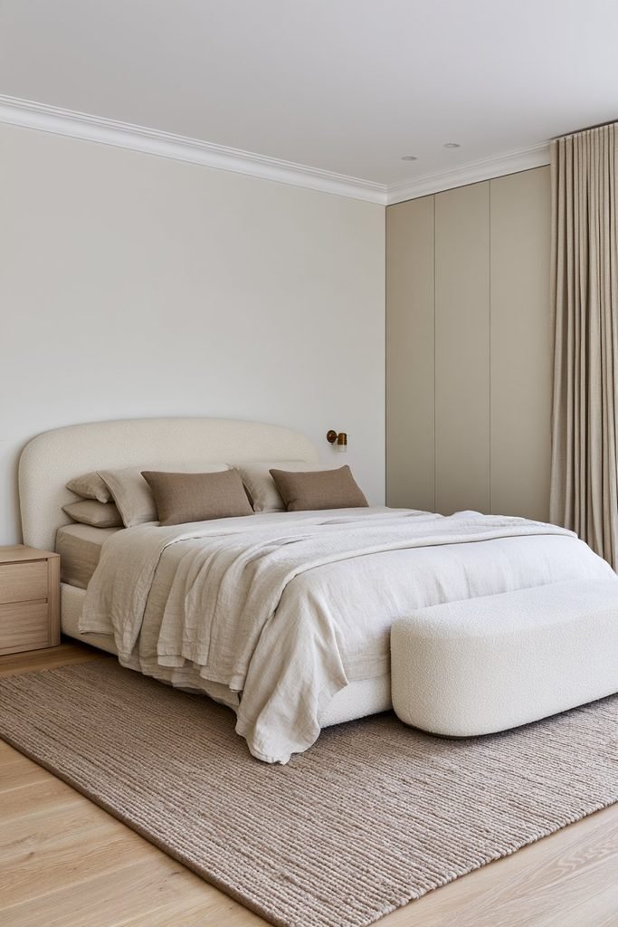 Warm greige colour-drenched bedroom with cream bouclé furniture, pale oak and neutral linen textiles
