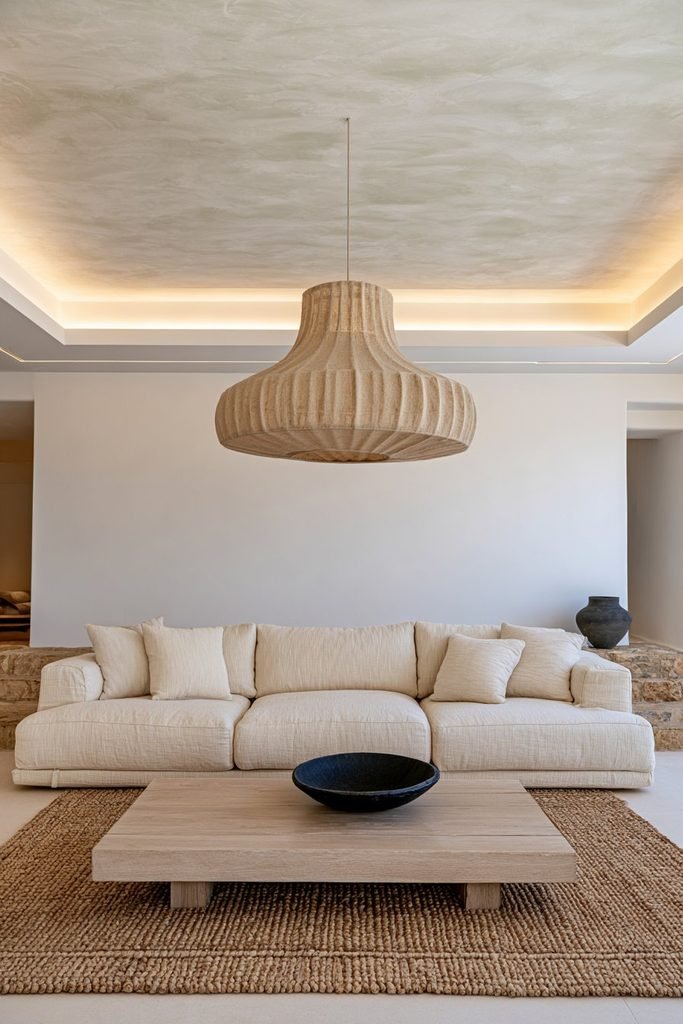Mediterranean-Scandinavian living room with a completely uninterrupted limewashed statement ceiling in warm white and pale sage