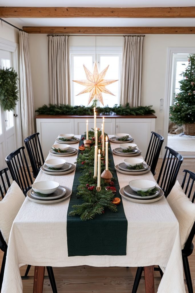Scandinavian Christmas dining table with cream linen, gray plates, white bowls, a forest-green runner, and fresh fir sprigs at each place setting.