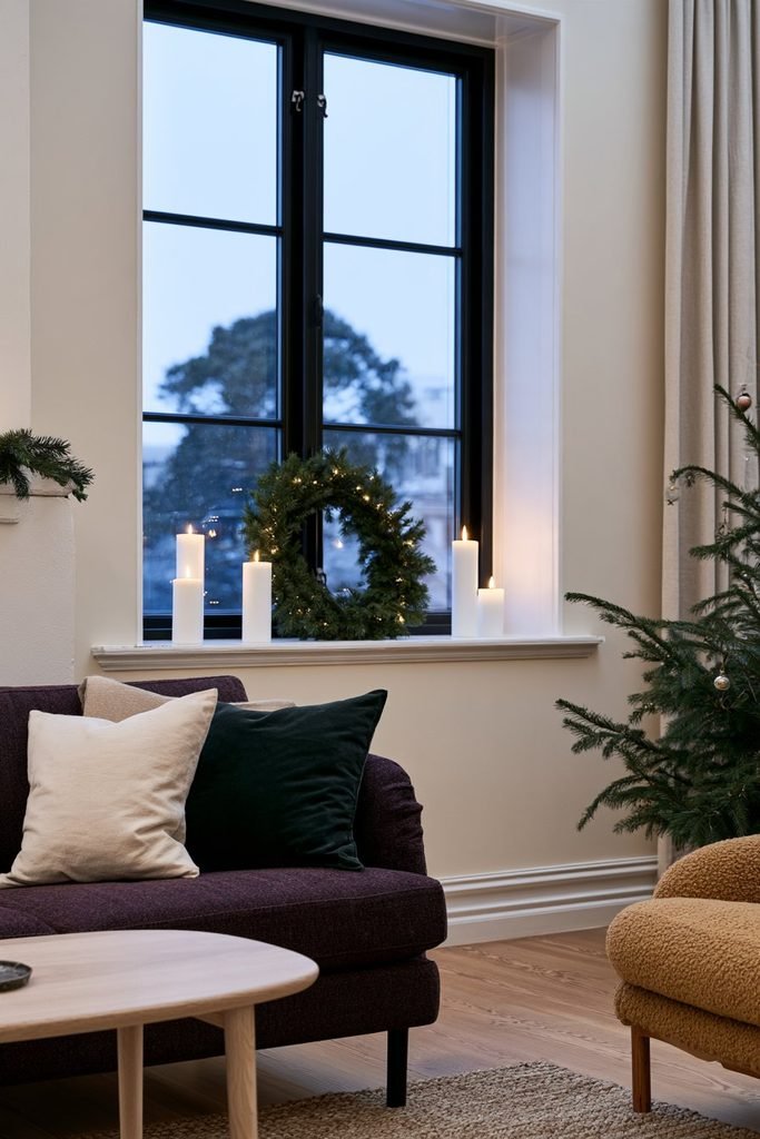 Lucia-inspired evergreen candle wreath glowing on a winter window in a Scandinavian living room decorated with Christmas greenery.